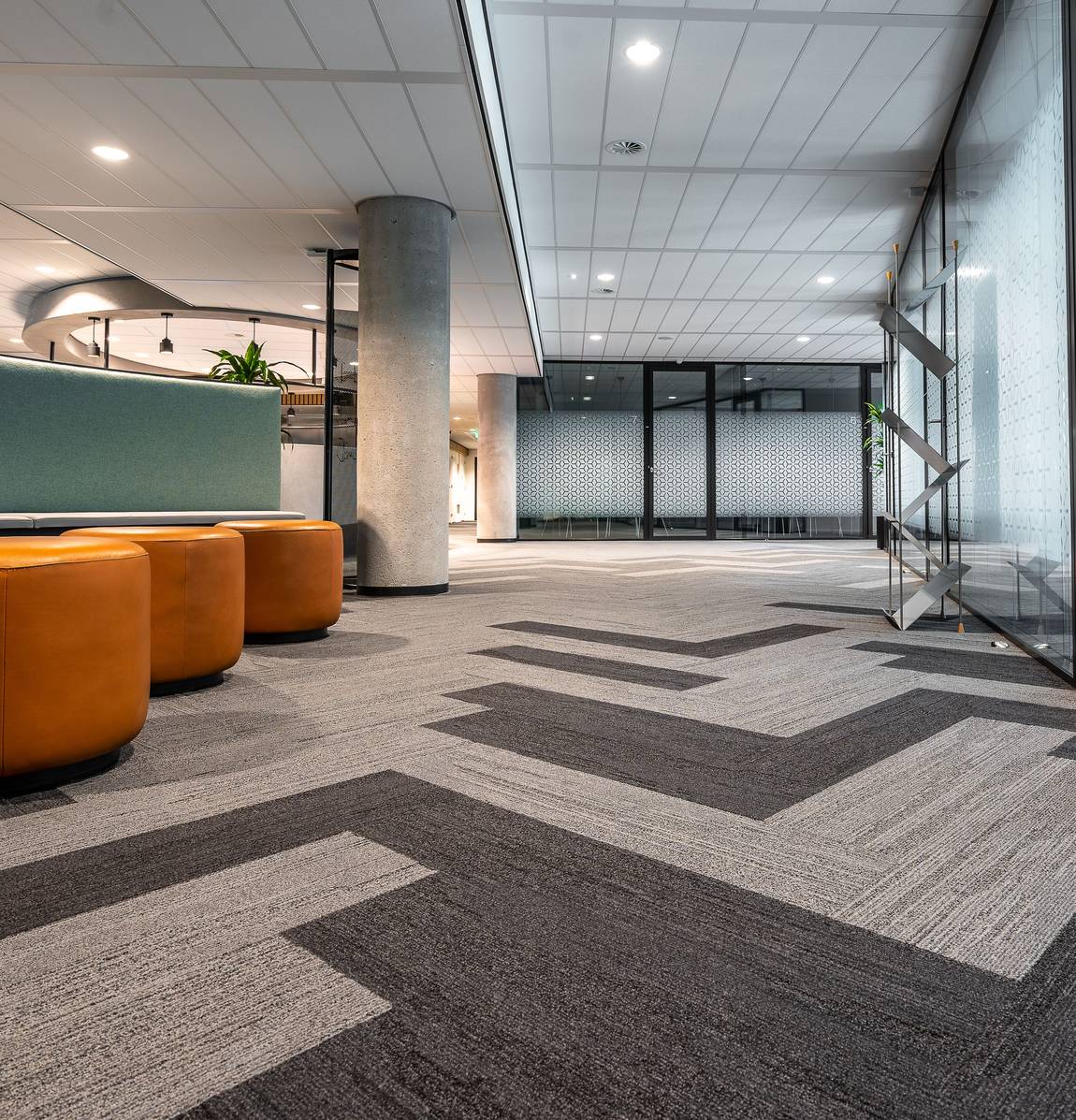 Patterned carpet tile in a commercial office interior